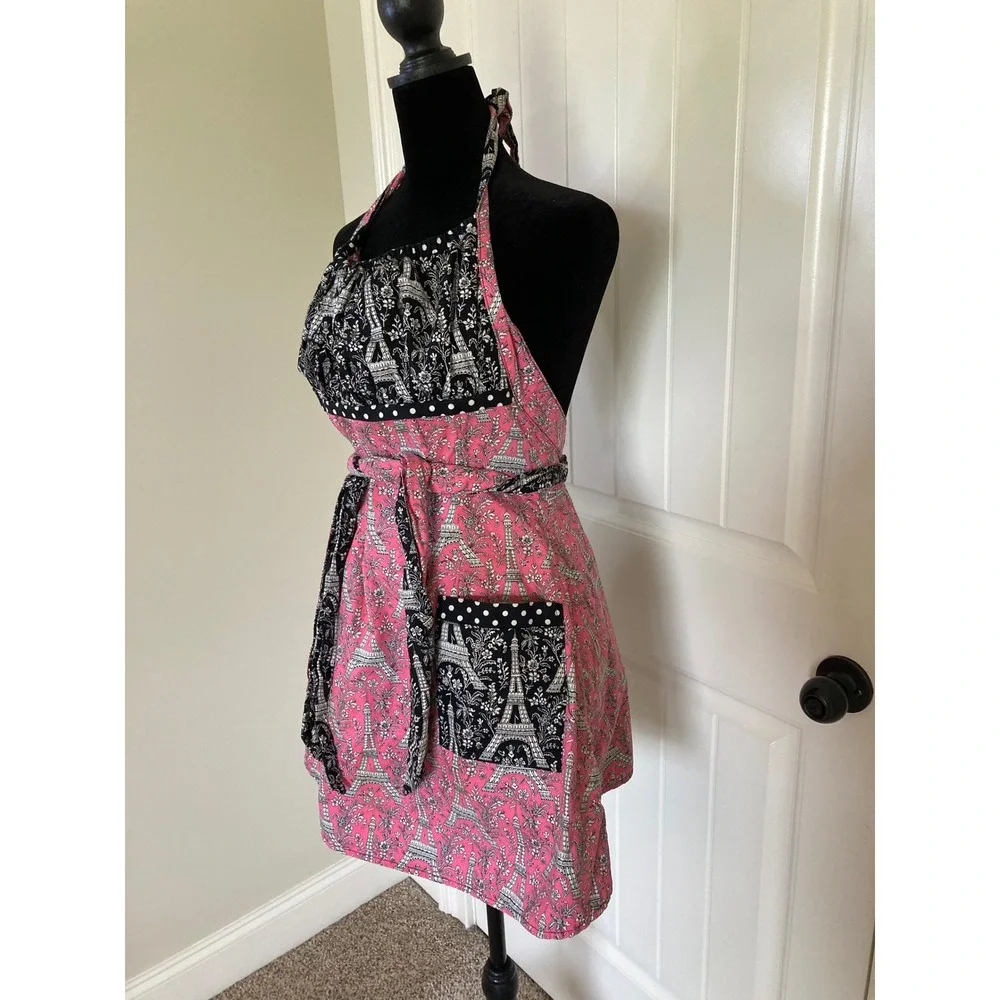 Pink Black Reversible Eiffel Tower Paris Floral Apron Polka Dot Trim Pockets‎